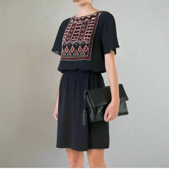Tory Burch Black Mini Dress with Red Embroidery - Picture 1 of 11